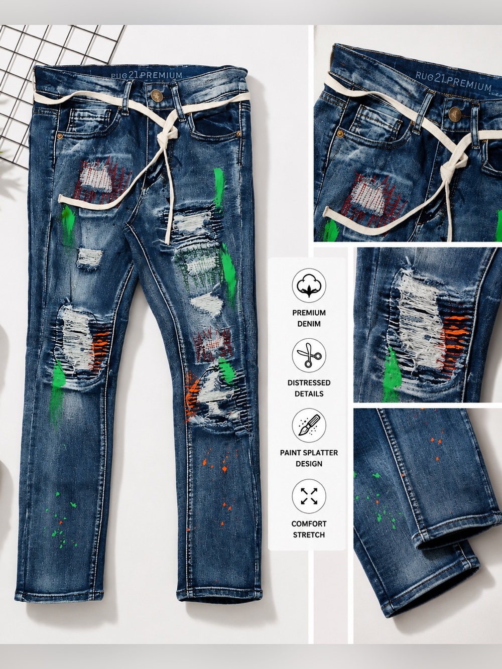 🩷  6011. Rue21 Blue Skinny Jeans with Green and Orange Accents